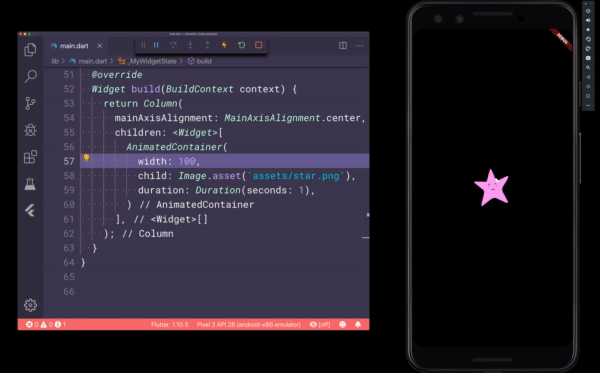A screen recording where the code for an app is modified and the application animates the size of a star widget.