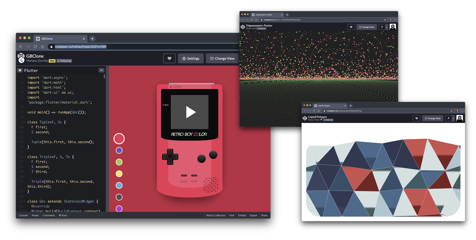 New CodePens that use Flutter’s web support to showcase prototypes and experiments.
