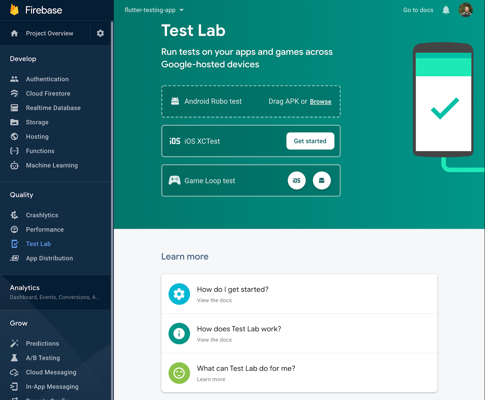 Firebase Test Lab console