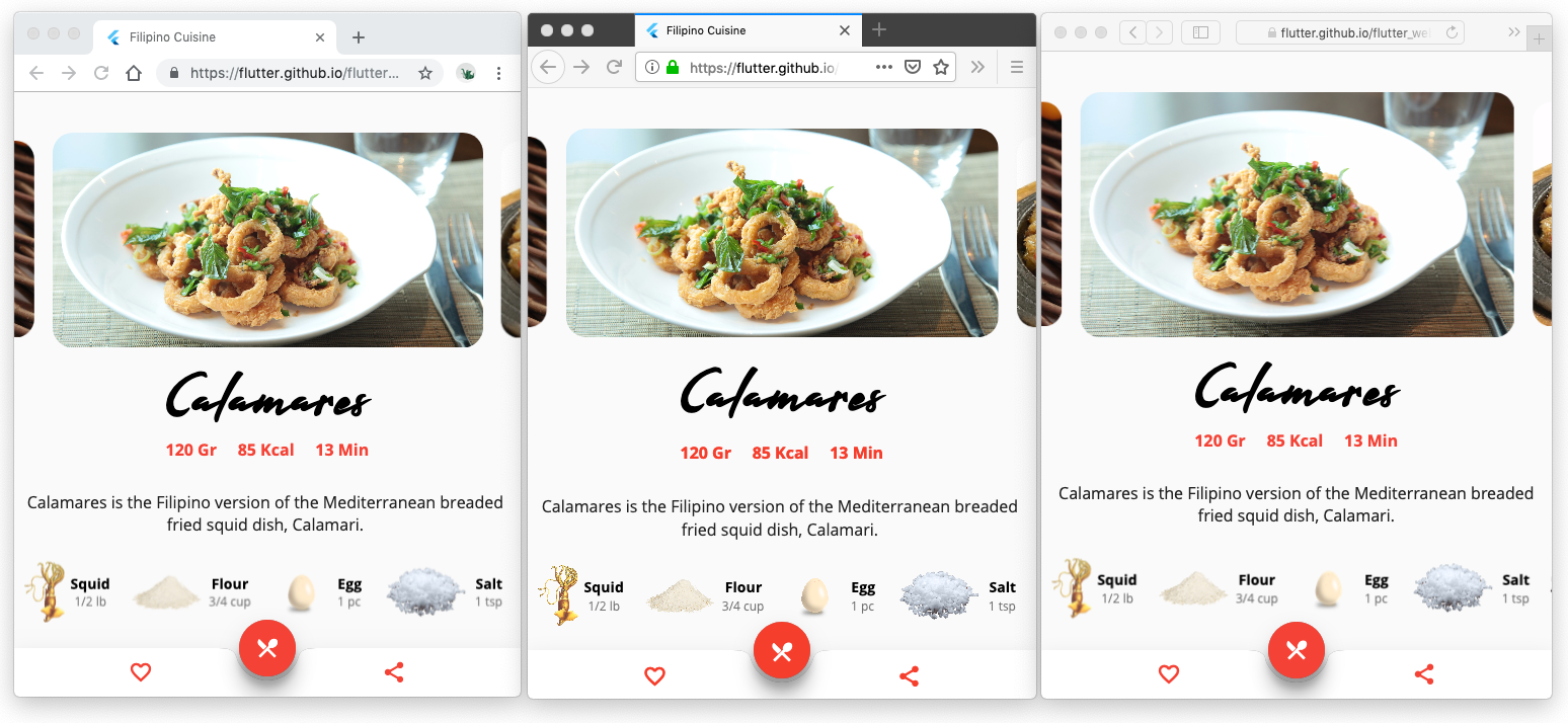 Flutter for web demo running on Chrome, Firefox, and Safari