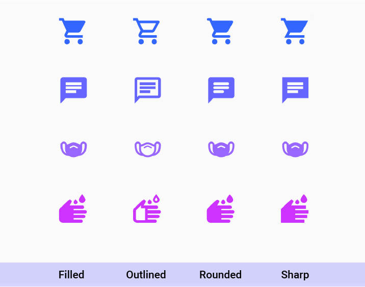 Sample of 4 icons: shopping_cart, chat, masks, wash. Displayed in the 4 supported styles: filled, outlined, rounded, sharp.