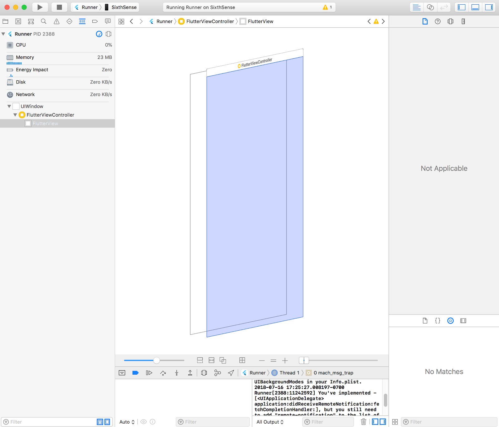 The Flutter view hierarchy visualized in Xcode. There is not much to see.