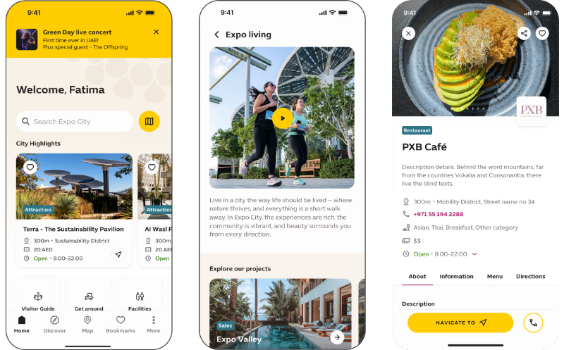 A screenshot of the Expo City Dubai app showing the interactive map