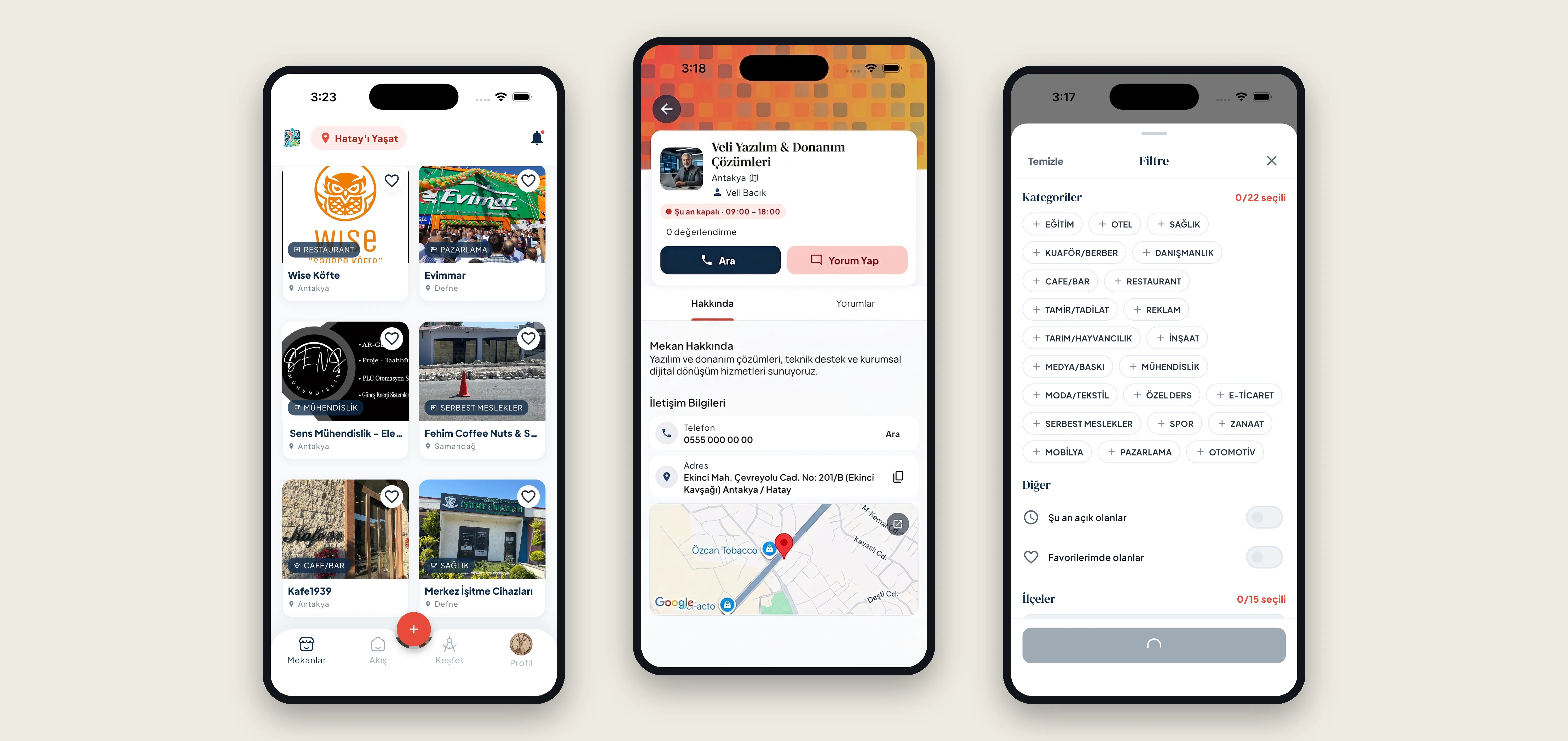 Hatay'ı Yaşat business listings, business details, and category filters