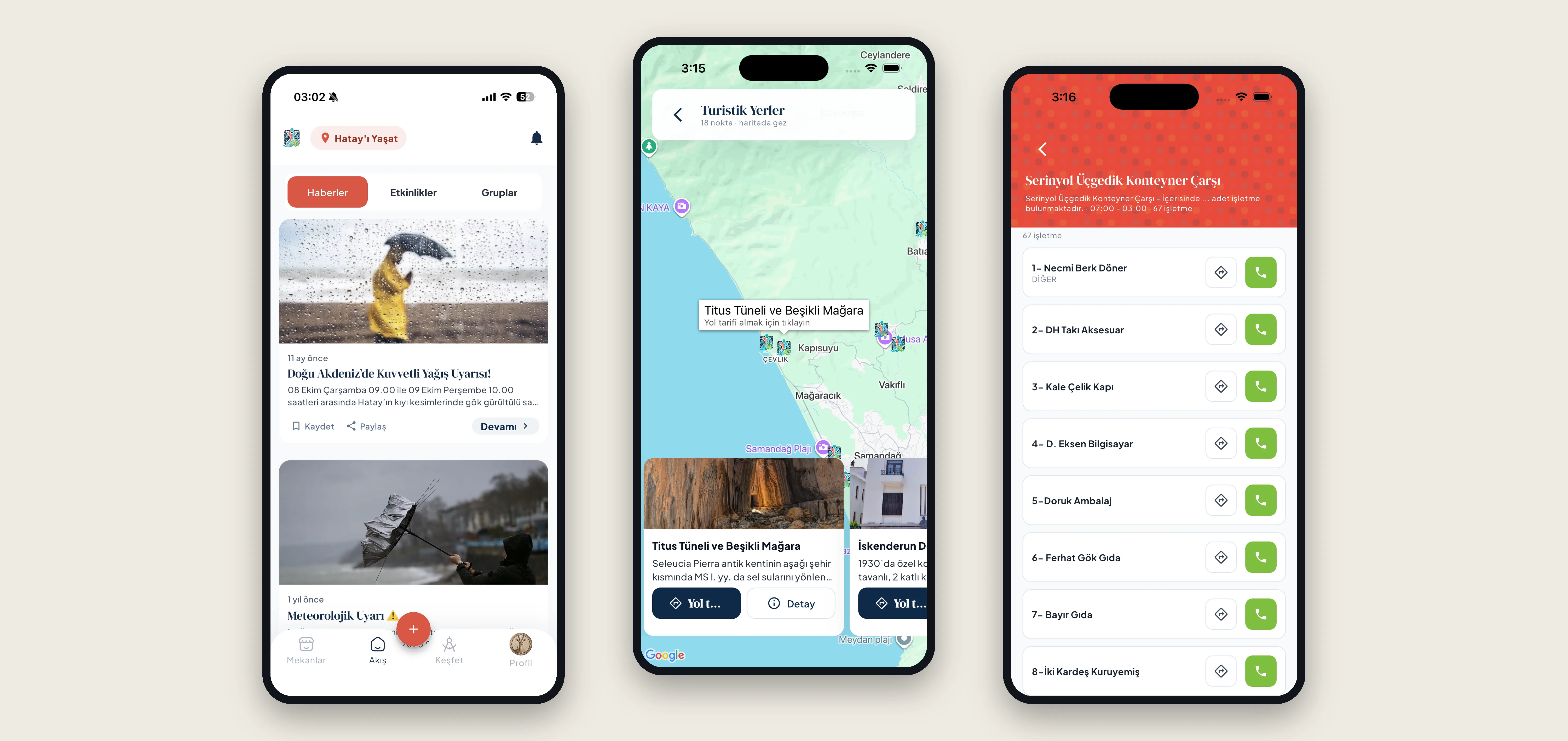 Hatay'ı Yaşat community feed, landmark map, and container market listings