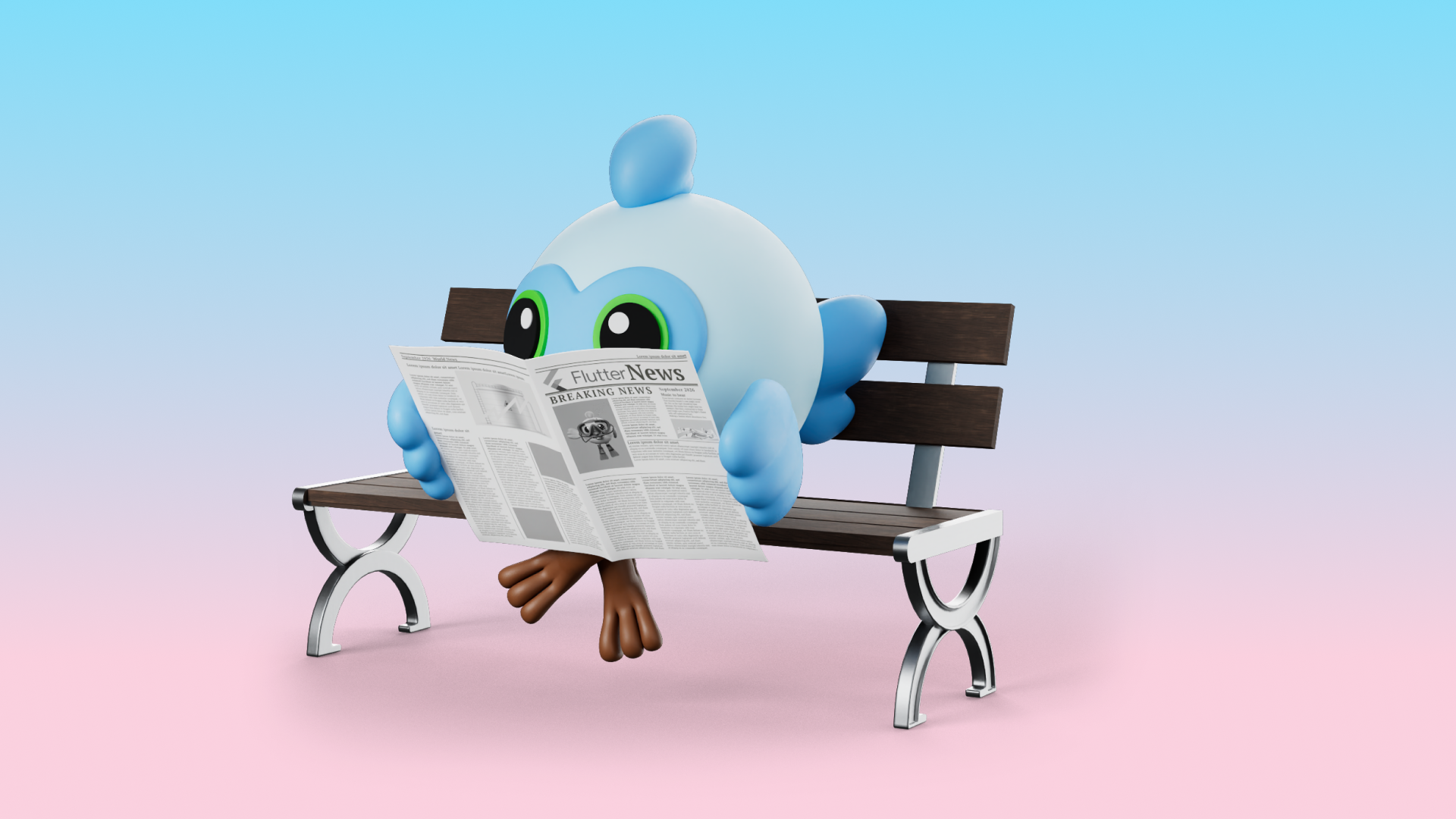 Dash sitting on a park bench reading a Flutter News newspaper.