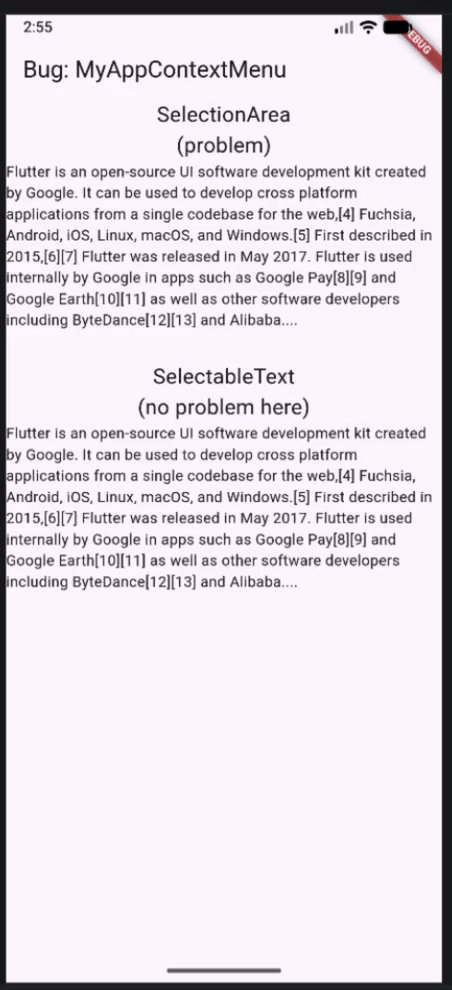 Selection handles overlapping menu